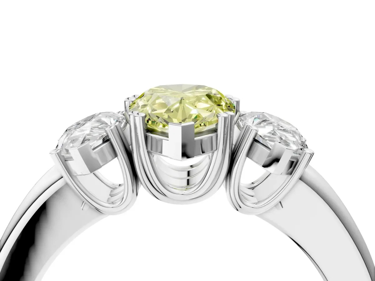 Fancy Yellow Three-Stone Pear Cut Cut Diamond Ring with Channel Set Band and Four-Prong Setting Silver