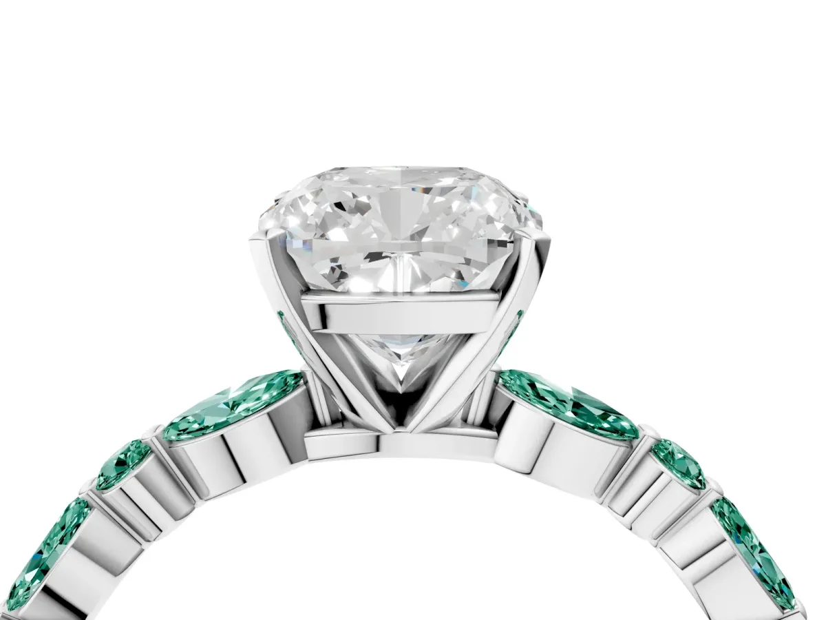 Cushion Cut Diamond Ring with Marquise and Round Green Sapphire Side Stones and Four-Prong Setting Platinum