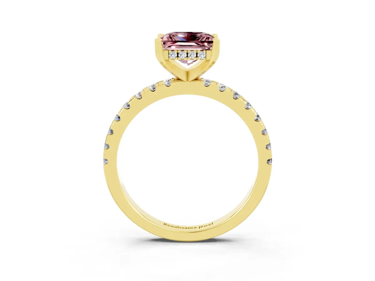 Princess Cut Morganite Solitaire Ring with Round Pavé Band and Four-Prong Setting Yellow gold