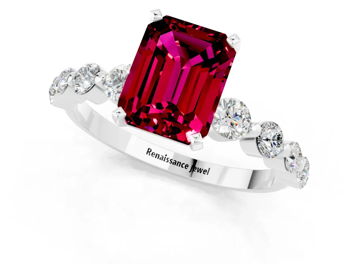 Emerald Cut Solitaire Garnet Ring with Pave Band and Four-Prong Setting Silver