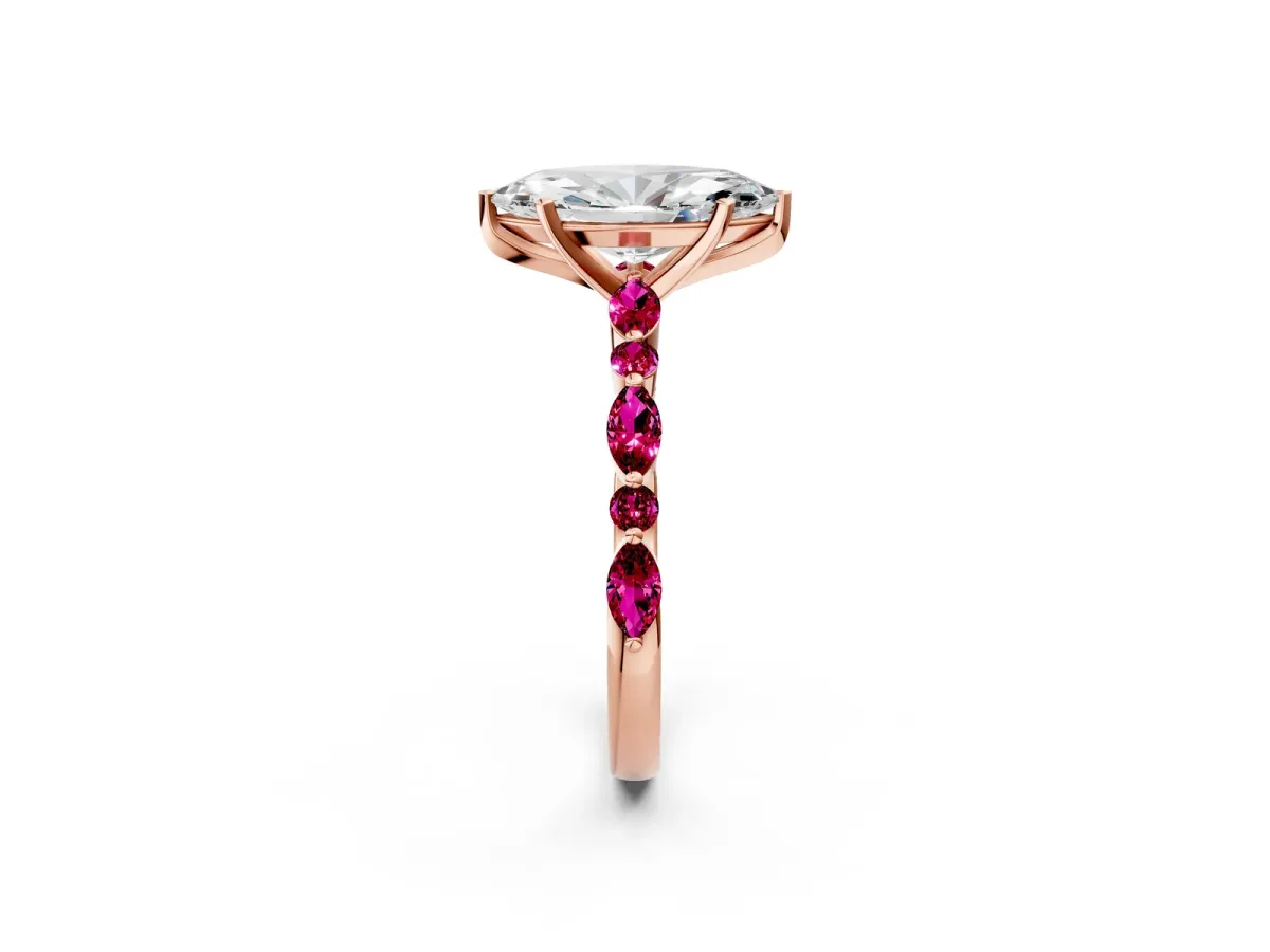 Marquise Cut Diamond Ring with Marquise and Round Garnet Side Stones and Four-Prong Setting Rose gold