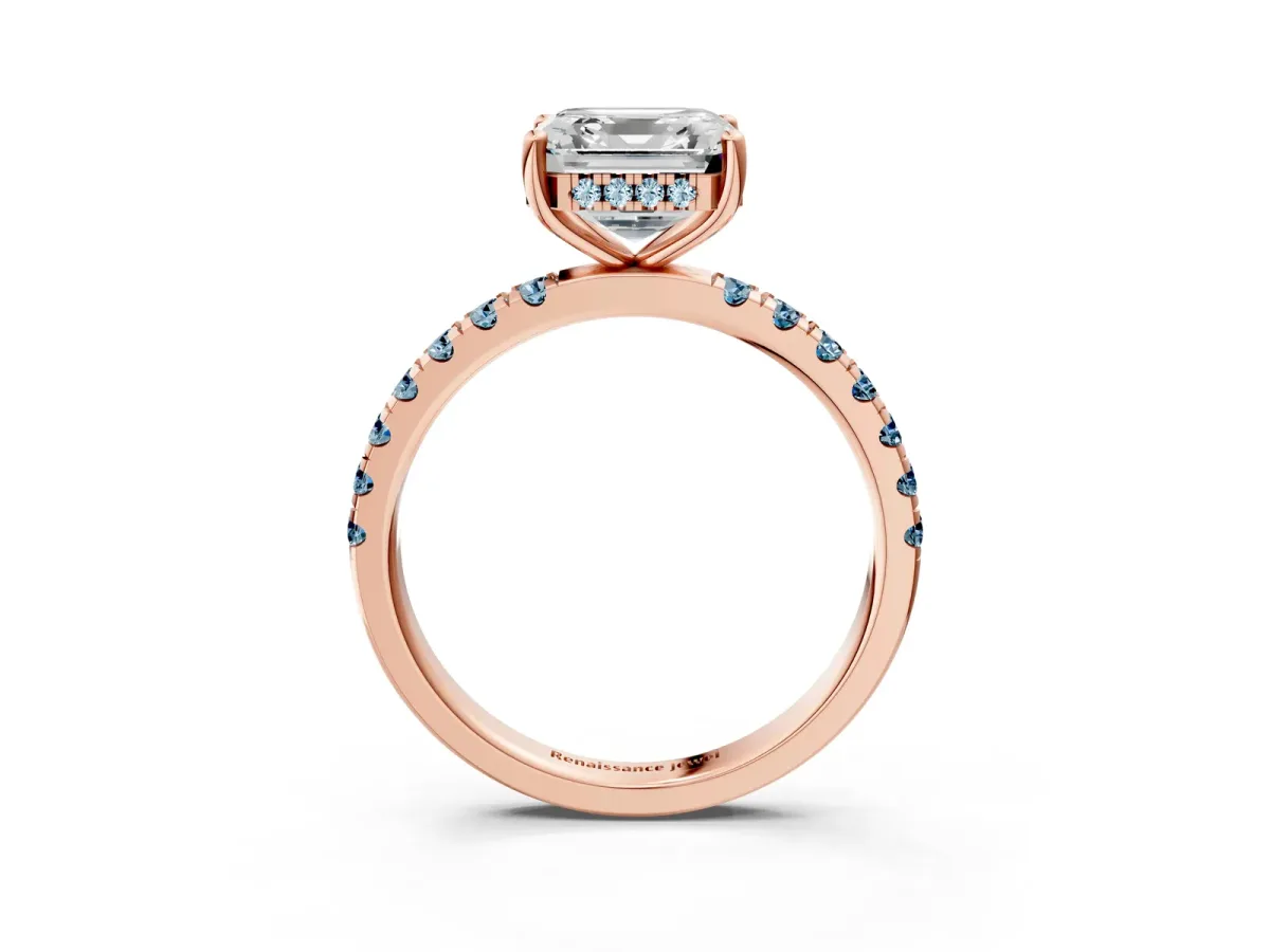 Asscher Cut Diamond Pave Band Solitaire Ring with Round Aquamarine and Prong Setting Rose gold