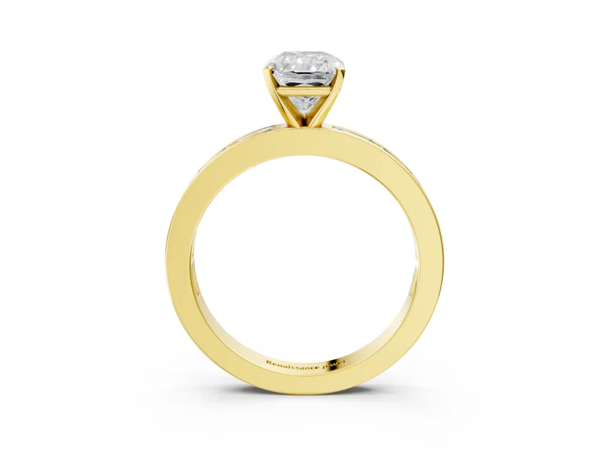 Radiant Cut Solitaire Diamond Ring with Channel-Set Baguette Band and Four-Prong Setting Yellow gold