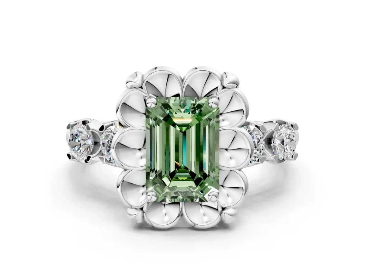 Fancy Green Emerald Cut Cut Diamond Floral Halo Engagement Ring with Shared Prong Setting Silver