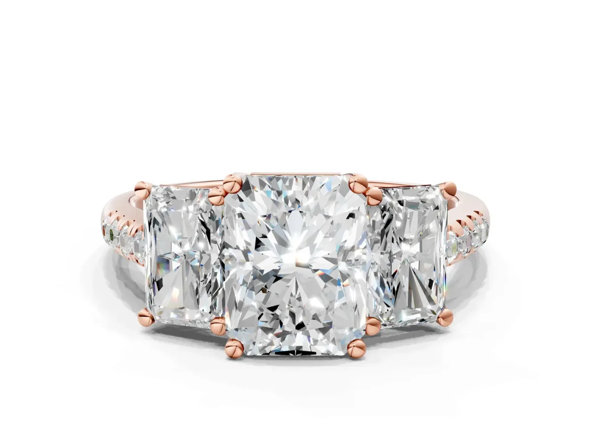 Three-Stone Radiant Cut Diamond Ring with Round Moissanite Pavé Band and Prong Setting Rose gold