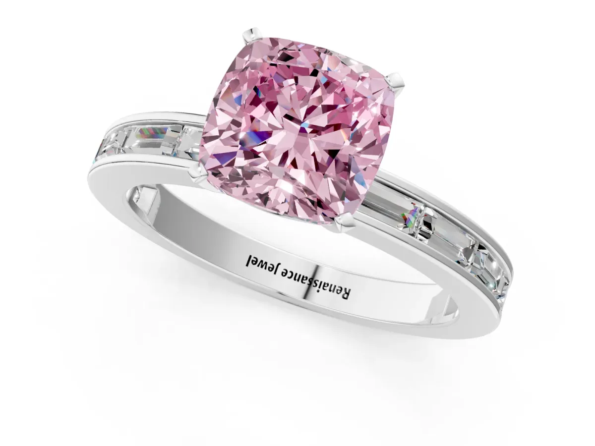 Fancy Pink Cushion Cut Solitaire Diamond Ring with Channel-Set Baguette Band and Four-Prong Setting White gold