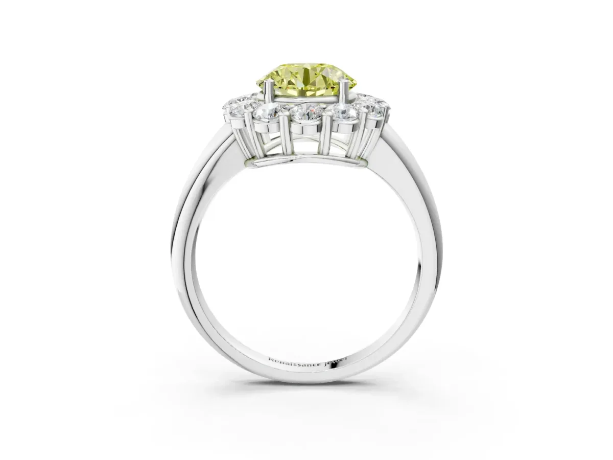 Fancy Yellow Round Cut Halo Cluster Diamond Engagement Ring with Prong Setting and Polished Band White gold
