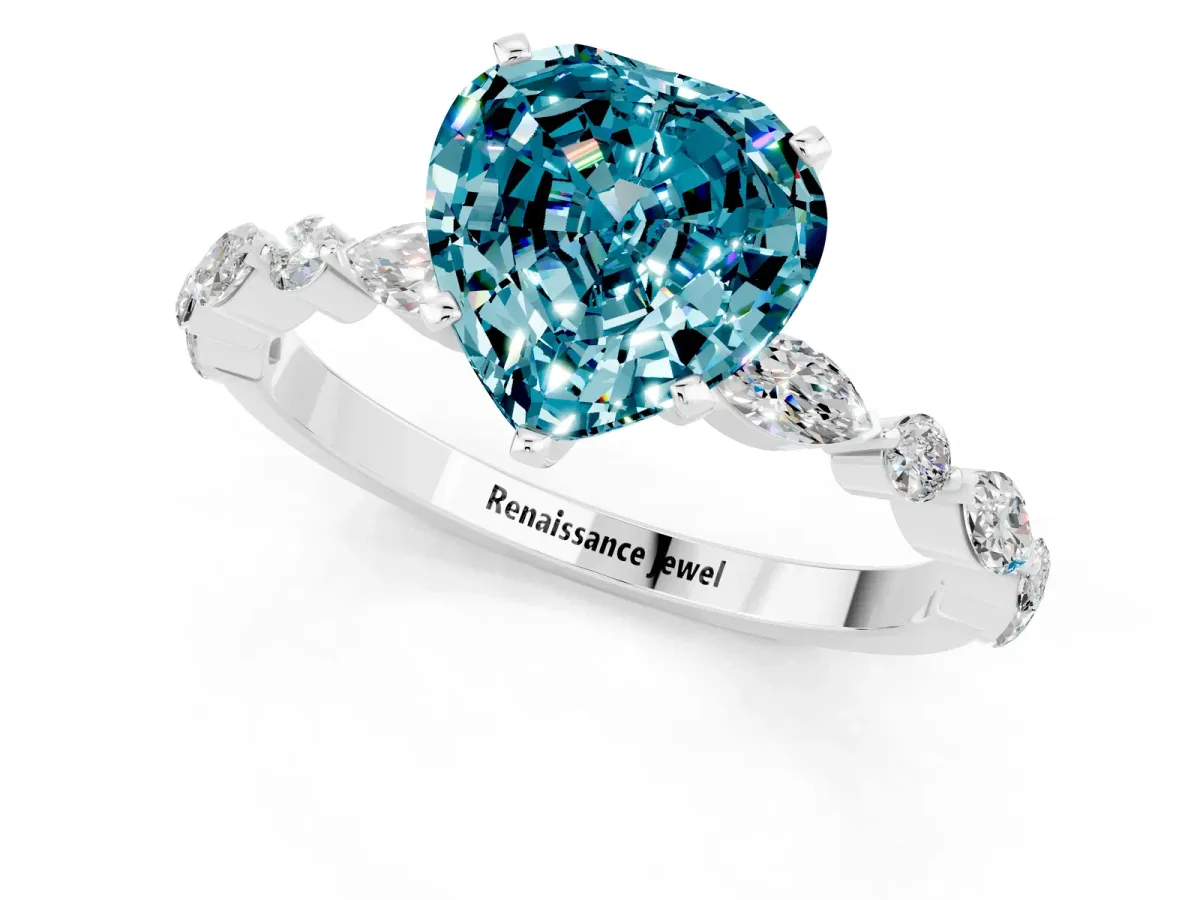 Heart Cut Blue Topaz Ring with Marquise and Round Side Stones and Four-Prong Setting White gold