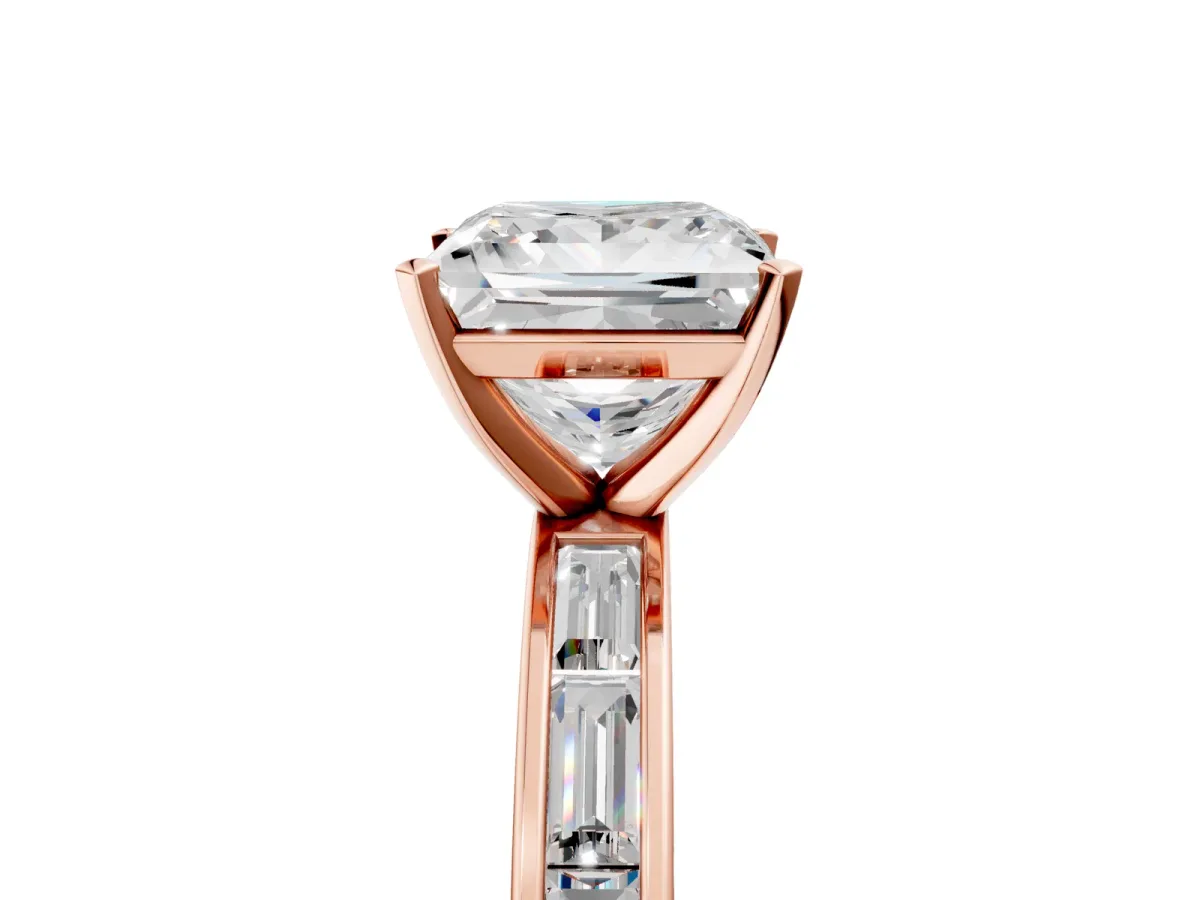 Princess Cut Solitaire Diamond Ring with Channel-Set Baguette Band and Four-Prong Setting Rose gold