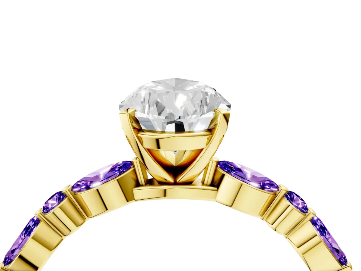 Pear Cut Diamond Ring with Marquise and Round Tanzanite Side Stones and Four-Prong Setting Yellow gold