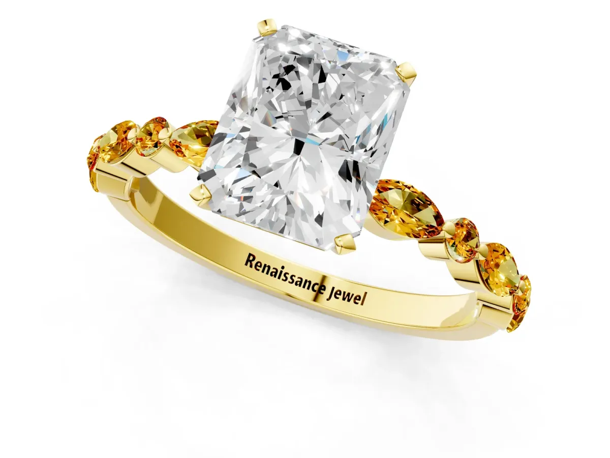 Radiant Cut Diamond Ring with Marquise and Round Citrine Side Stones and Four-Prong Setting Yellow gold