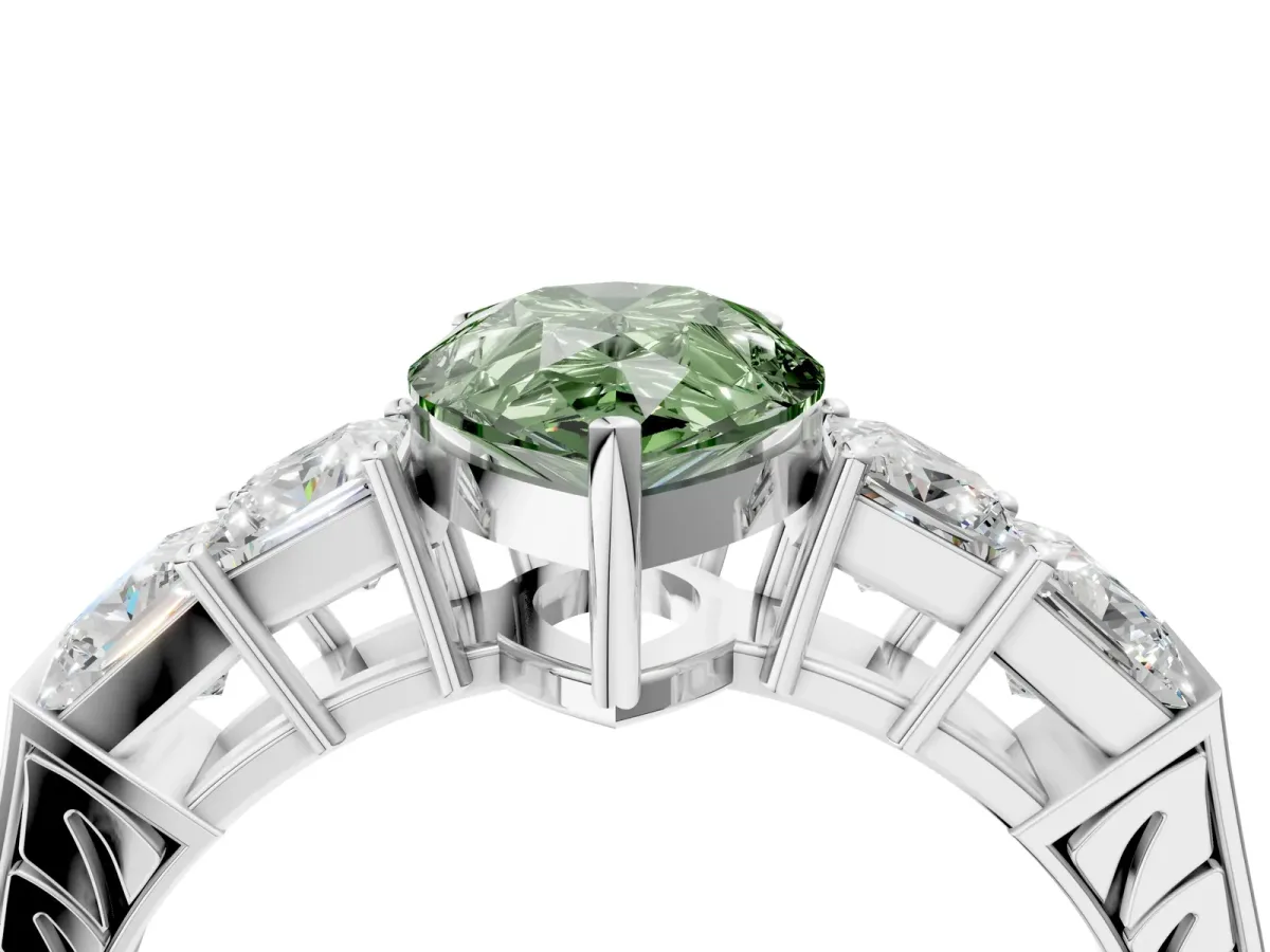 Fancy Green Pear Cut Solitaire Princess Side Stone Engraved Band Prong Setting Ring Platinum