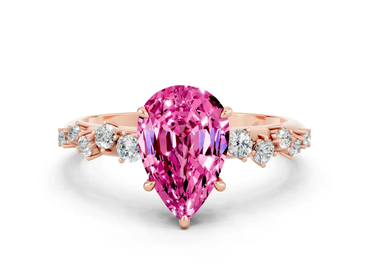 Pear Cut Pink Sapphire Cluster Side Stone Solitaire Ring with Prong Setting Rose gold