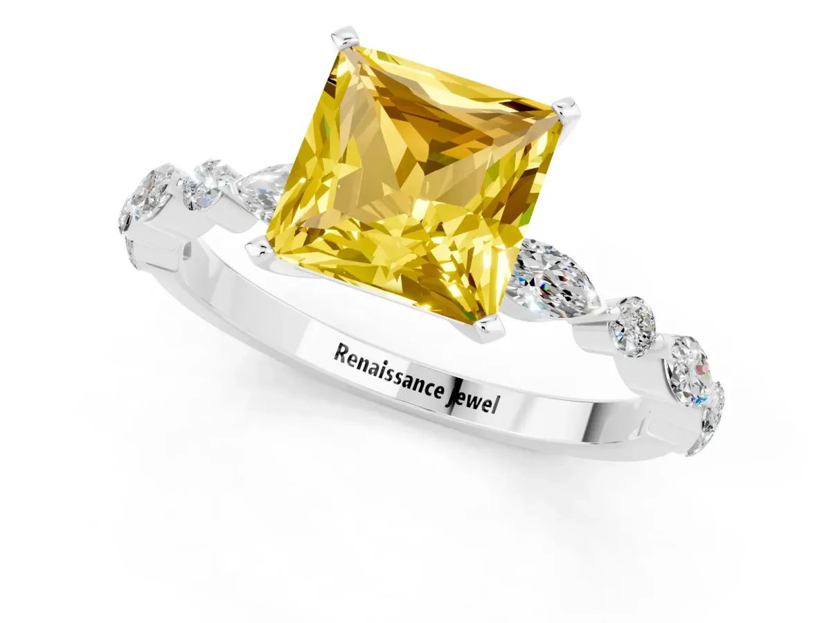Princess Cut Yellow Sapphire Ring with Marquise and Round Side Stones and Four-Prong Setting Platinum