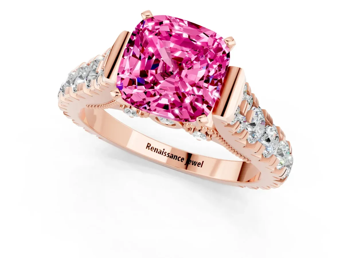 Cushion Cut Pink Sapphire Classic Solitaire Ring with Pavé Band and Four-Prong Setting Rose gold