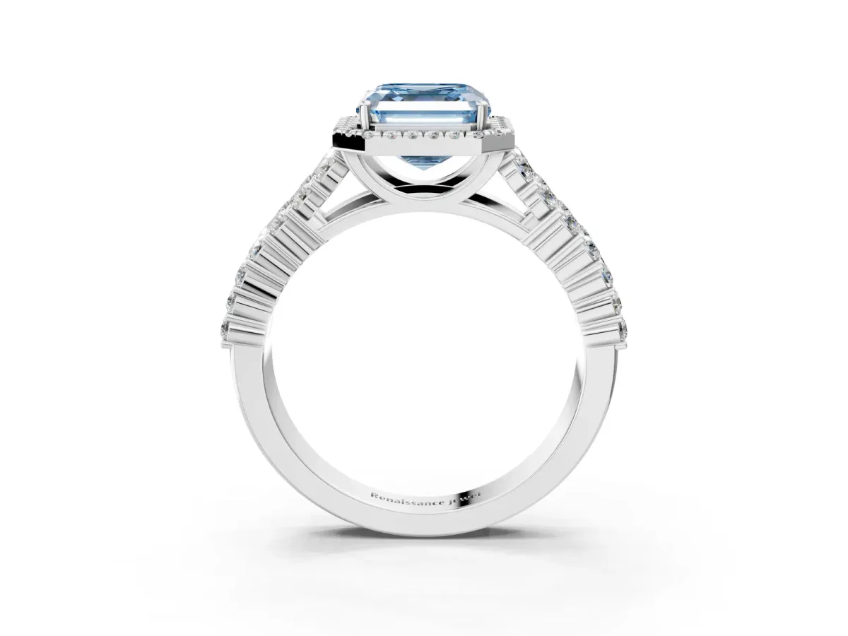 Fancy Blue Asscher Cut Diamond Halo Engagement Ring with Triple Row Round Pavé Band and Prong Setting Platinum