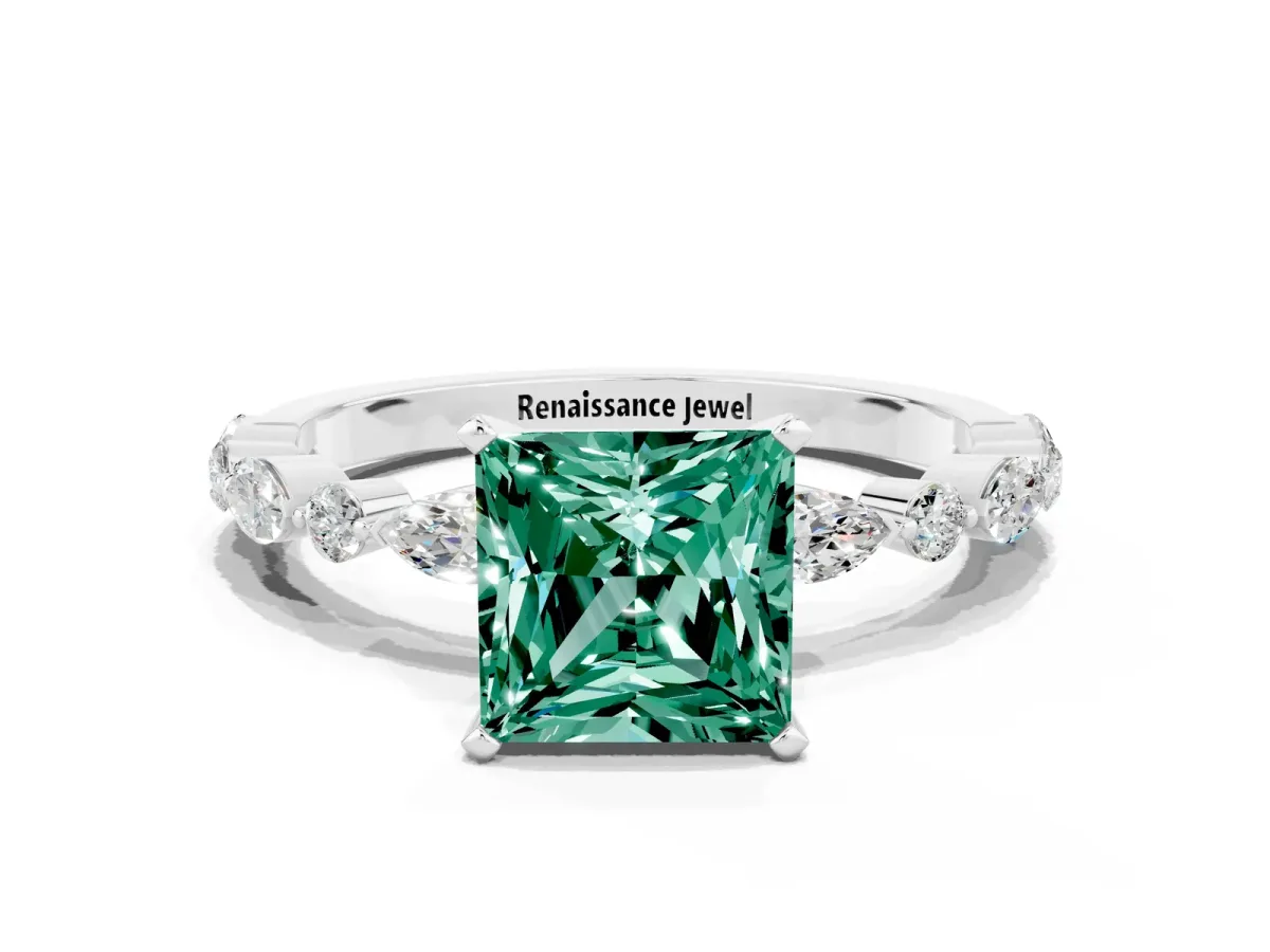 Princess Cut Green Sapphire Ring with Marquise and Round Side Stones and Four-Prong Setting Platinum