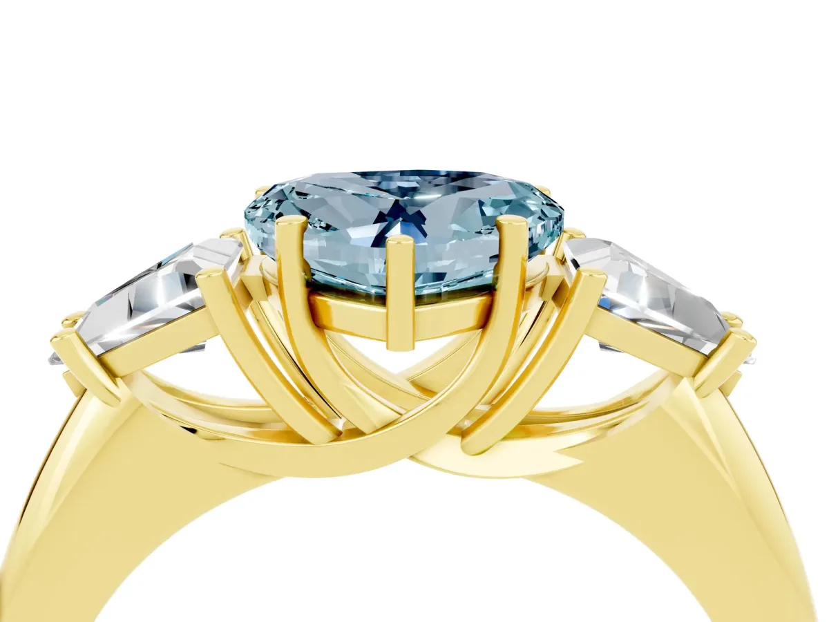 Three-Stone Heart Cut Aquamarine Engagement Ring with Trillion Side Stones and Prong Setting Yellow gold