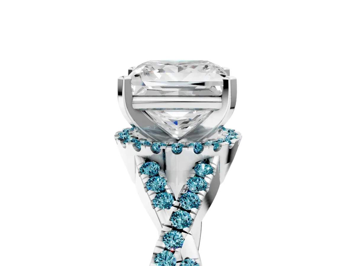 Princess Cut Diamond Blue Topaz Halo Twist Band Solitaire Prong Setting Ring White gold