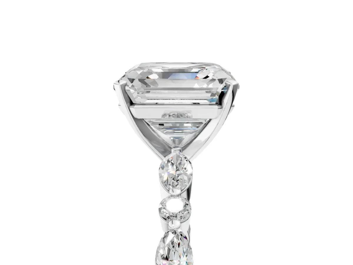 Asscher Cut Diamond Ring with Marquise and Round Side Stones and Four-Prong Setting Platinum