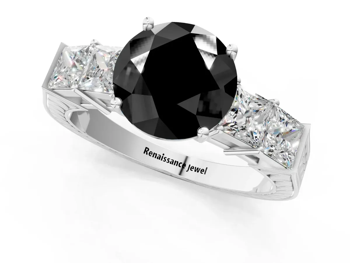Fancy Black Round Cut Solitaire Princess Side Stone Engraved Band Prong Setting Ring Silver