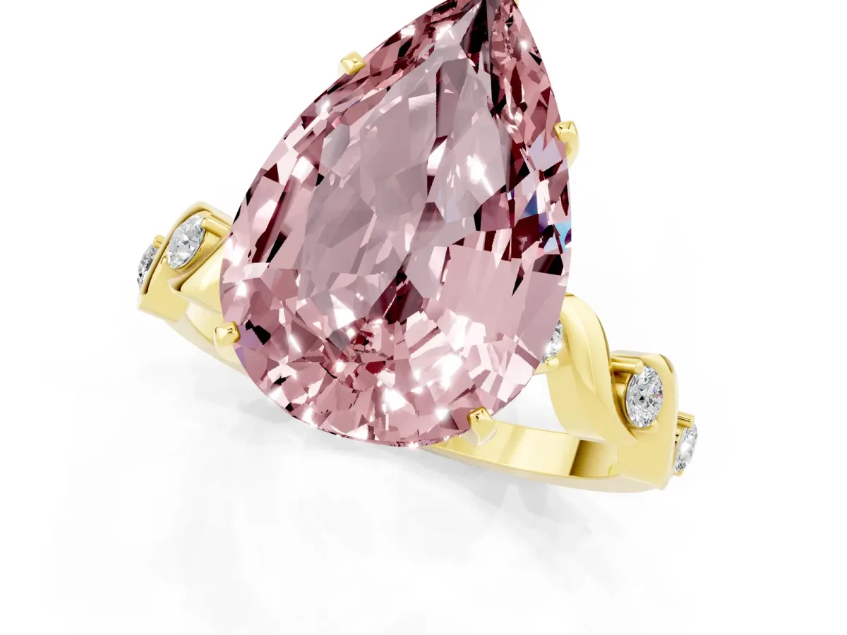 Pear Cut Morganite Solitaire Twisted Band with Round Accents and Prong Setting Yellow gold