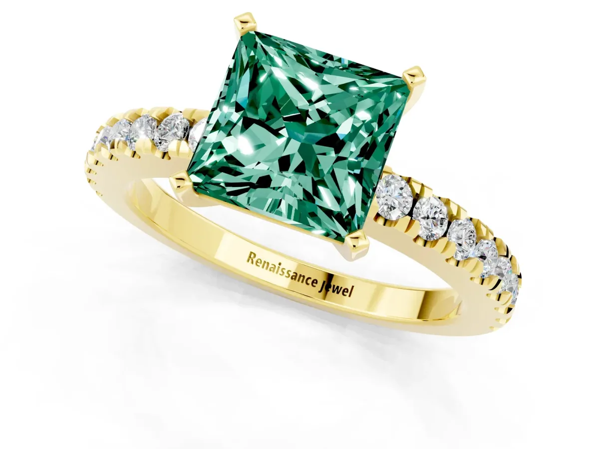 Princess Cut Solitaire Green Sapphire with Pavé Band and Four-Prong Setting Yellow gold