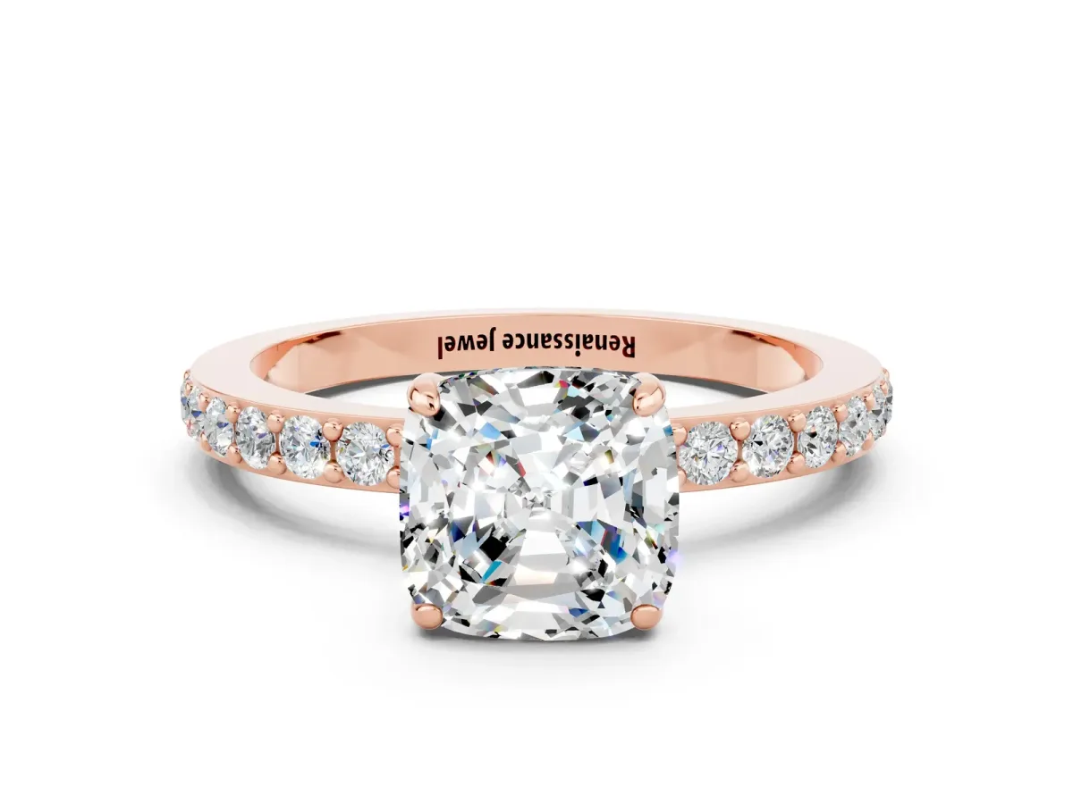 Cushion Cut Moissanite Solitaire Engagement Ring with Pavé Band and Four-Prong Setting Rose gold