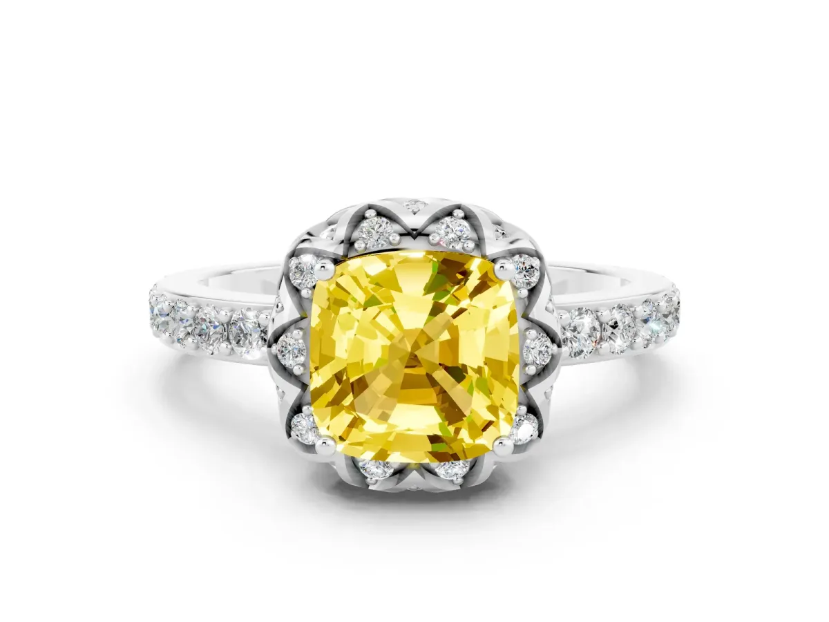 Cushion Cut Yellow Sapphire Scalloped Halo Engagement Ring with Round Shared Prong Band Silver