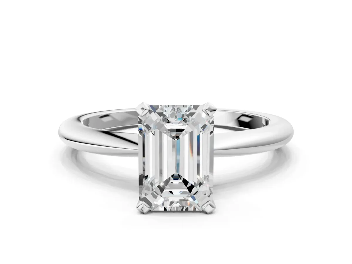 Emerald Cut Diamond Solitaire Ring with Six-Prong Setting and Classic Band Silver
