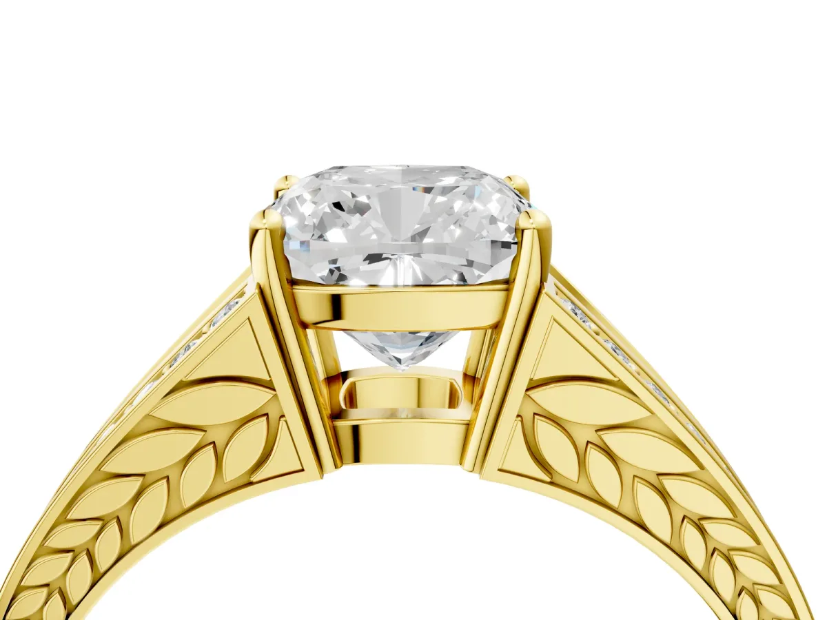 Cushion Cut Diamond Split Shank Ring with Pavé Band and Four-Prong Setting Yellow gold