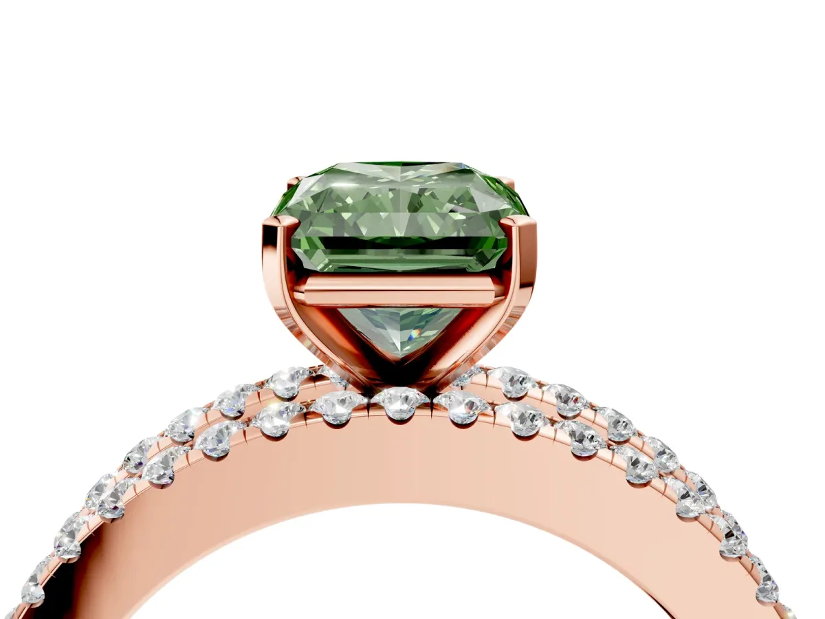 Fancy Green Radiant Cut Diamond Solitaire Ring with Pavé and Channel Set Band Rose gold