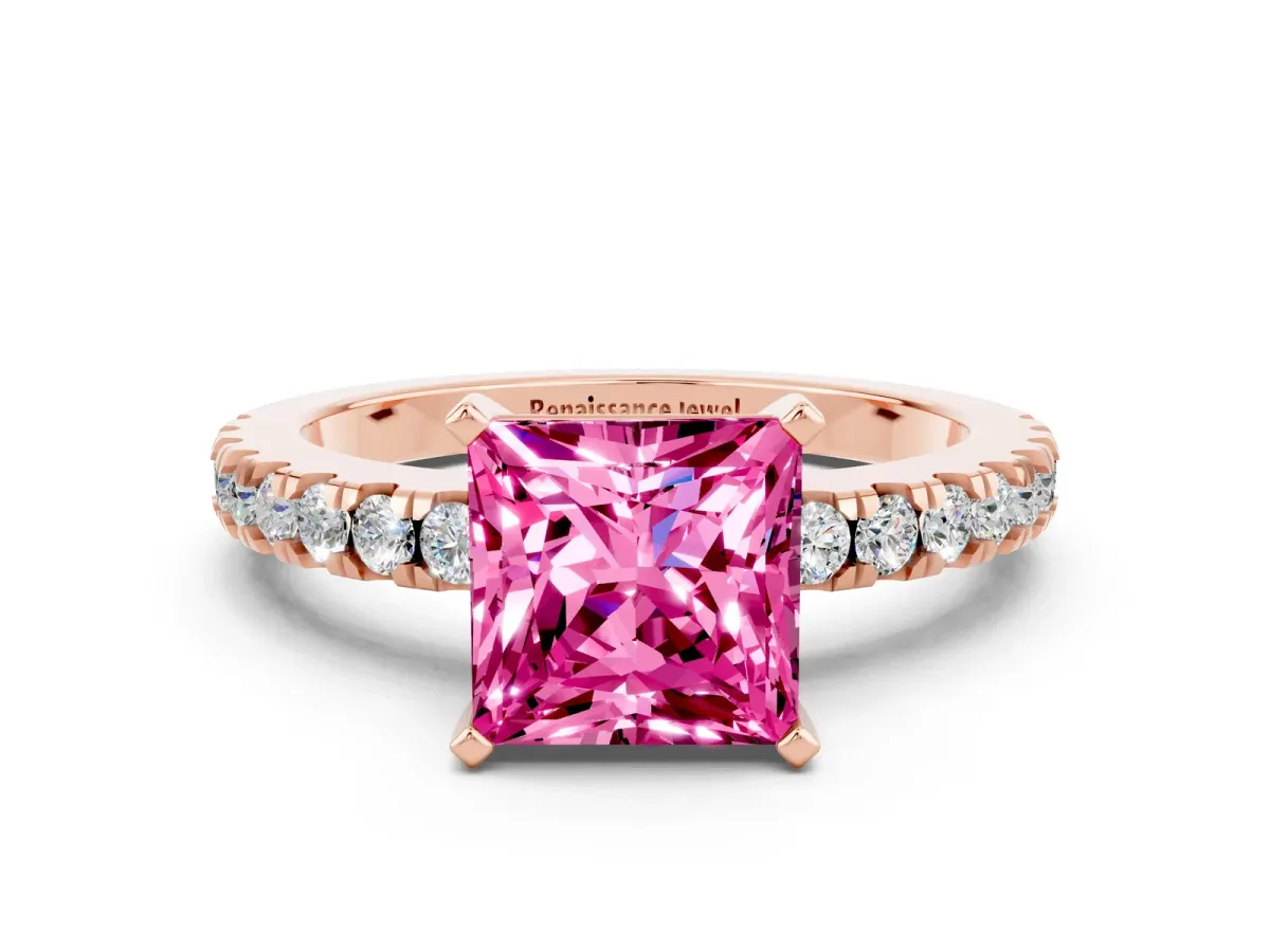 Princess Cut Solitaire Pink Sapphire with Pavé Band and Four-Prong Setting Rose gold