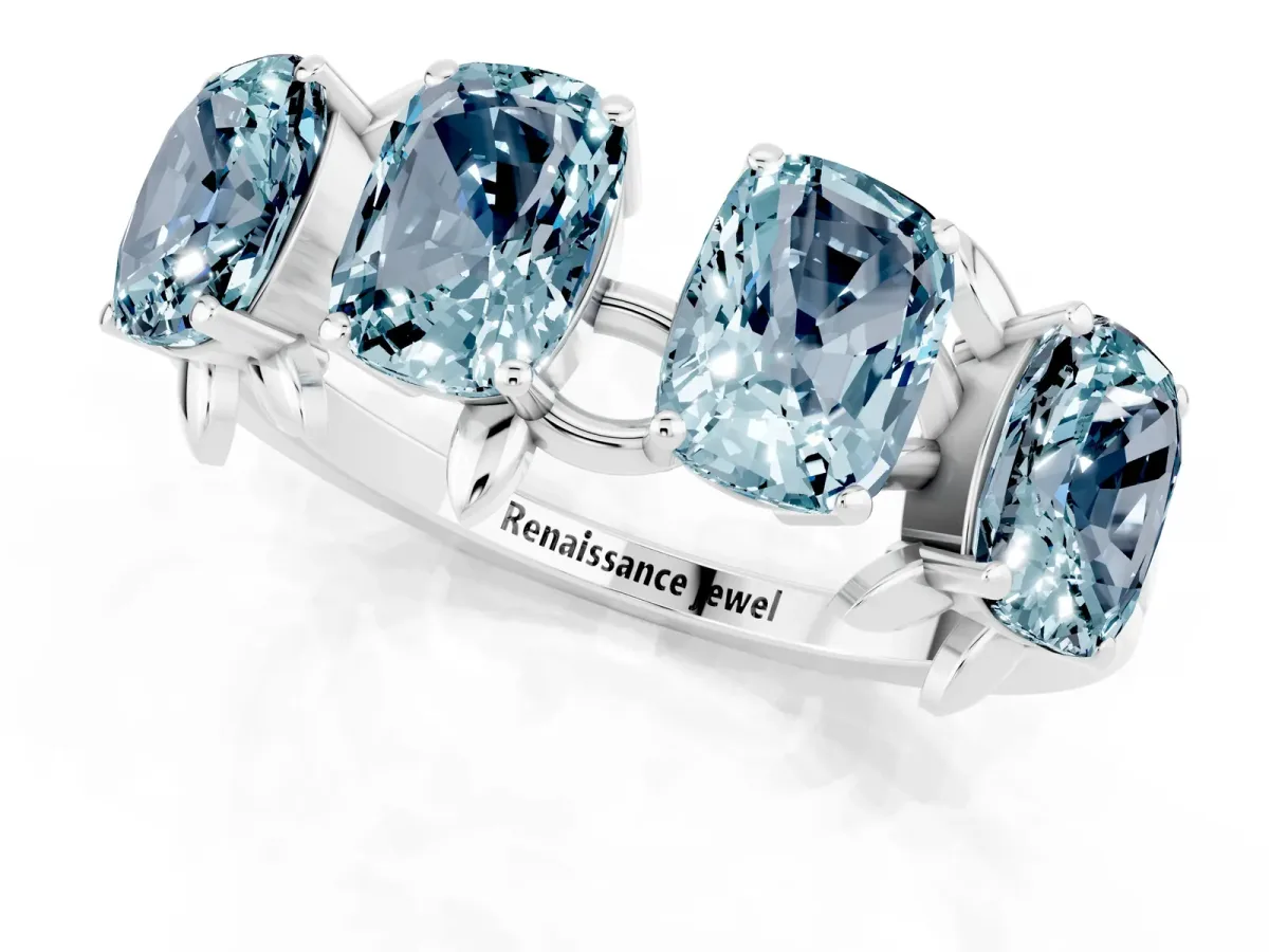 Four-Stone Elongated Cushion Aquamarine Band with Nature-Inspired Prong Setting Platinum