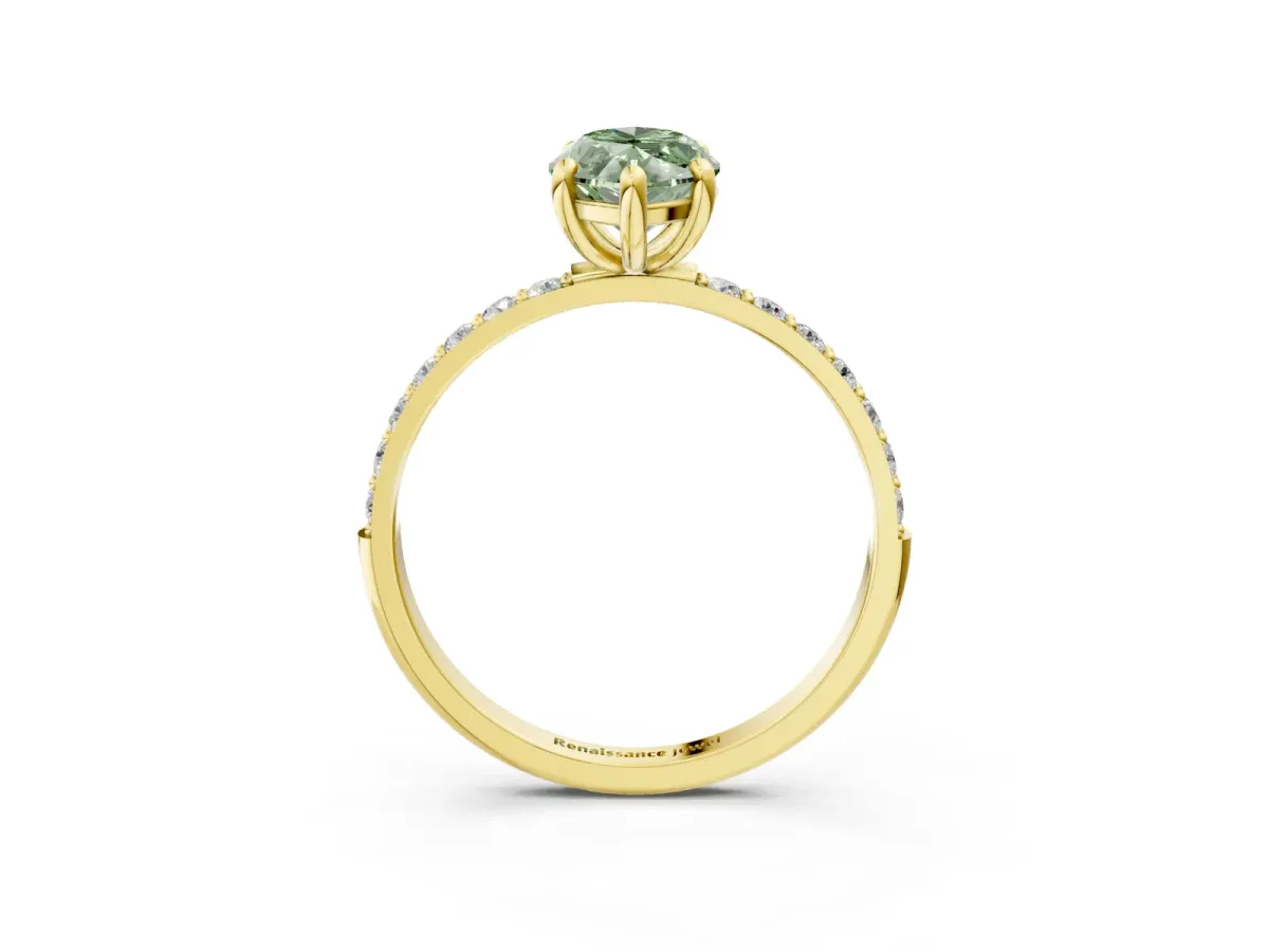 Fancy Green Marquise Cut Diamond Solitaire Ring with Round Pavé Band and Prong Setting Yellow gold