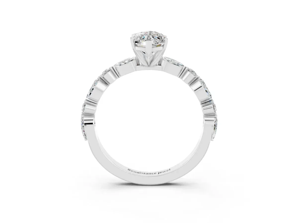 Marquise Cut Moissanite Ring with Marquise and Round Side Stones and Four-Prong Setting White gold