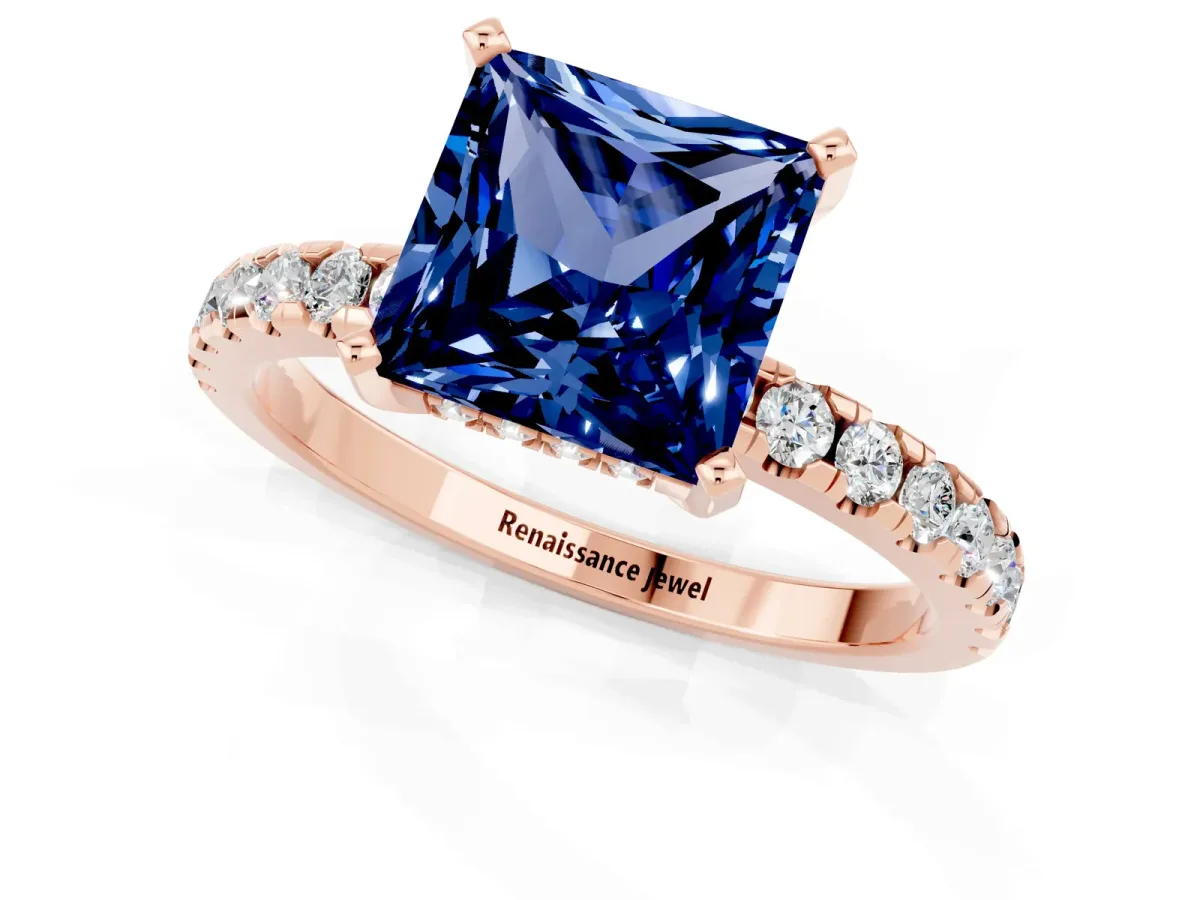 Princess Cut Blue Sapphire Solitaire Ring with Round Pavé Band and Four-Prong Setting Rose gold