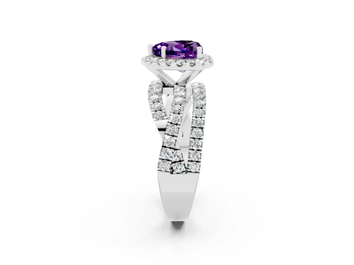 Heart Cut Amethyst Halo Ring with Round Split Shank and Prong Setting Platinum
