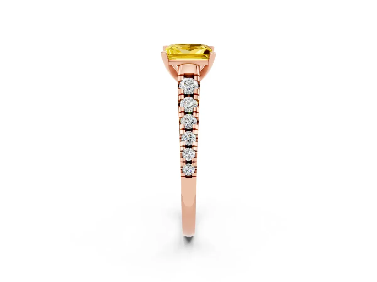 Princess Cut Yellow Sapphire Cathedral Solitaire Ring with Round Pavé Band Rose gold