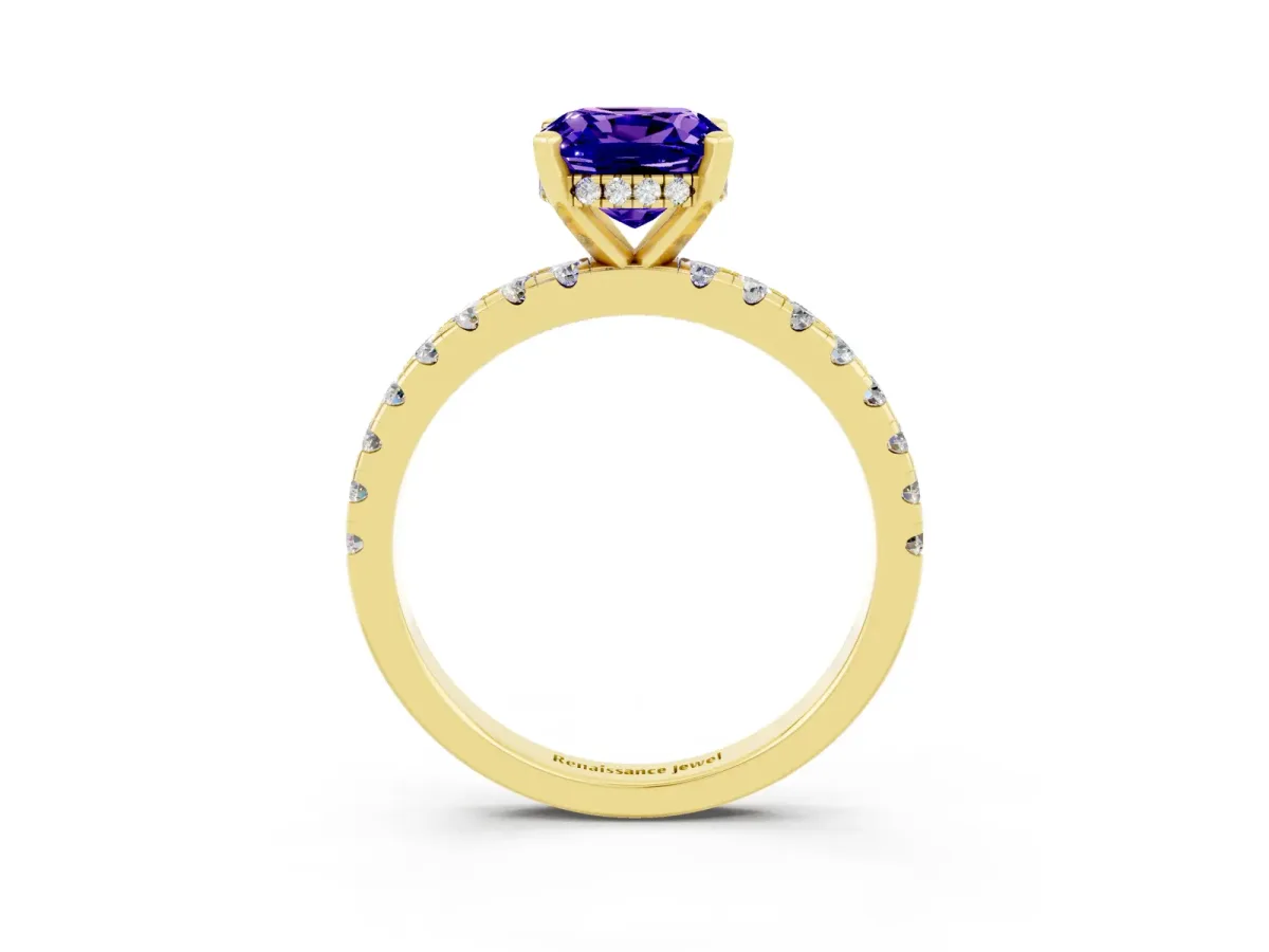 Cushion Cut Tanzanite Solitaire Ring with Round Pavé Band and Four-Prong Setting Yellow gold