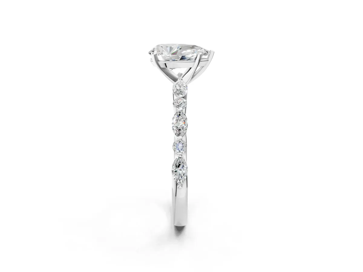 Pear Cut Diamond Ring with Marquise and Round Moissanite Side Stones and Four-Prong Setting White gold