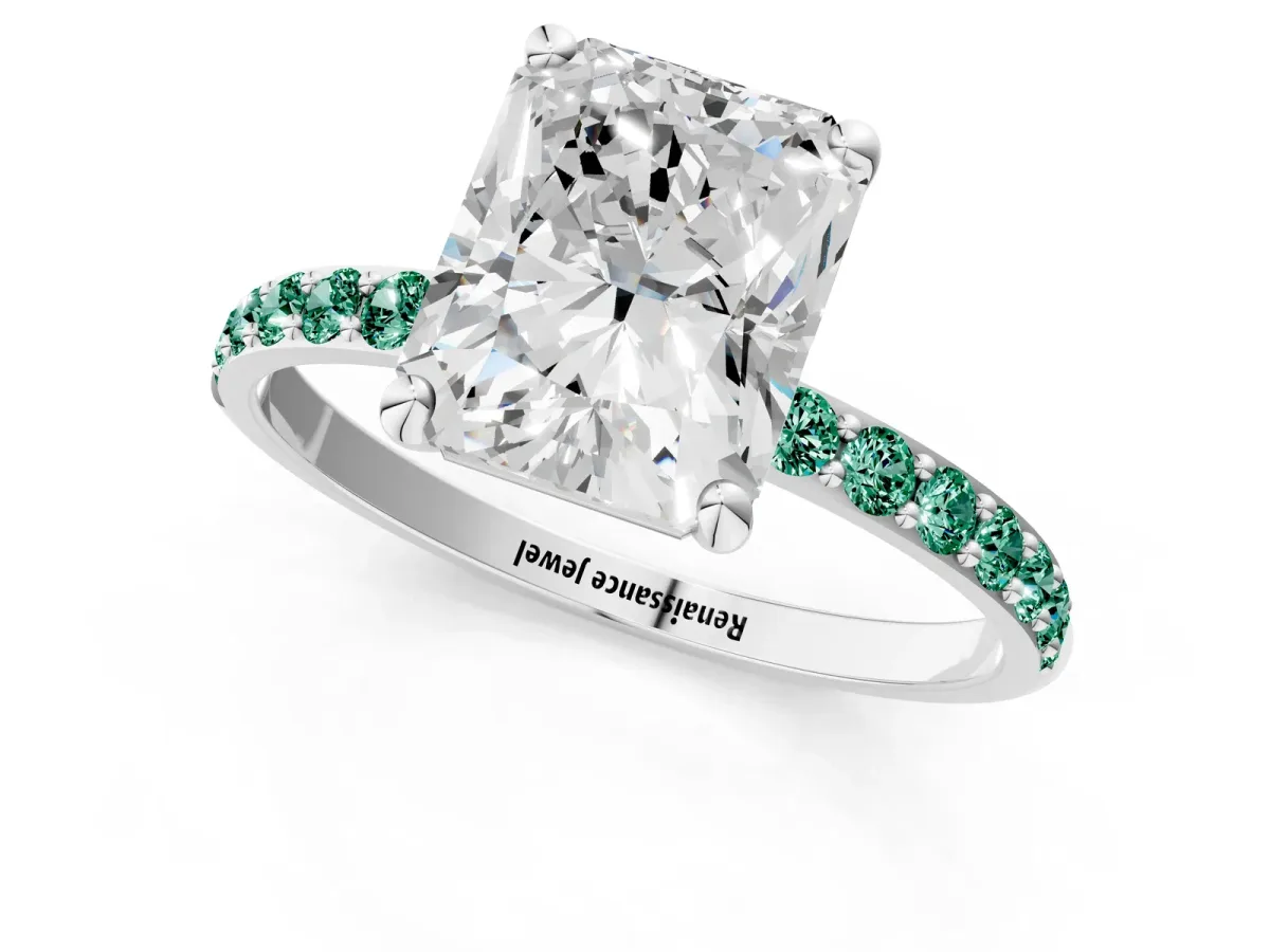 Radiant Cut Diamond Solitaire Ring with Round Green Sapphire Pavé Band and Prong Setting White gold