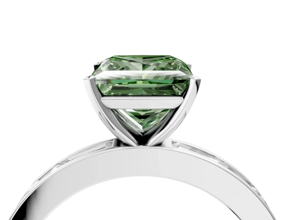 Fancy Green Princess Cut Solitaire Diamond Ring with Channel-Set Baguette Band and Four-Prong Setting White gold