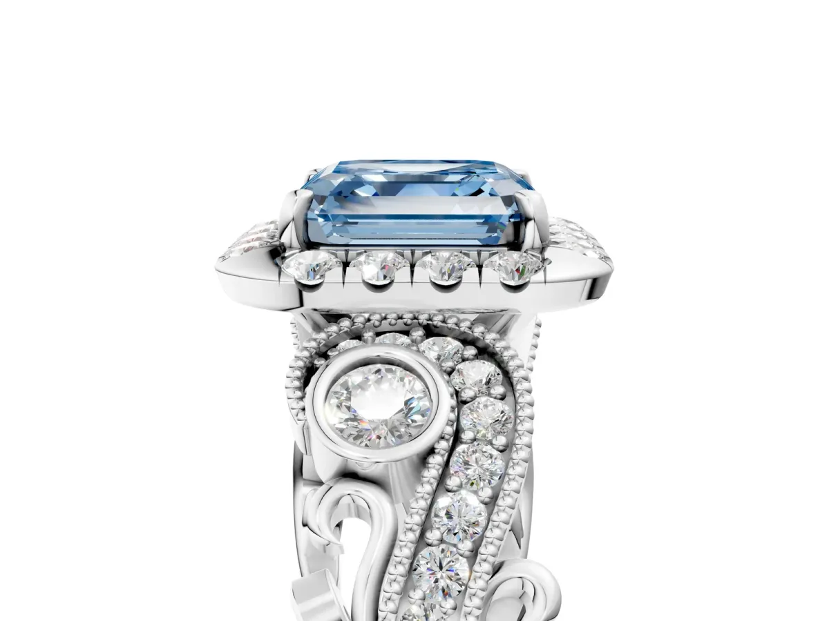 Fancy Blue Asscher Cut Diamond Halo Ring with Milgrain Pavé Band and Four-Prong Setting White gold