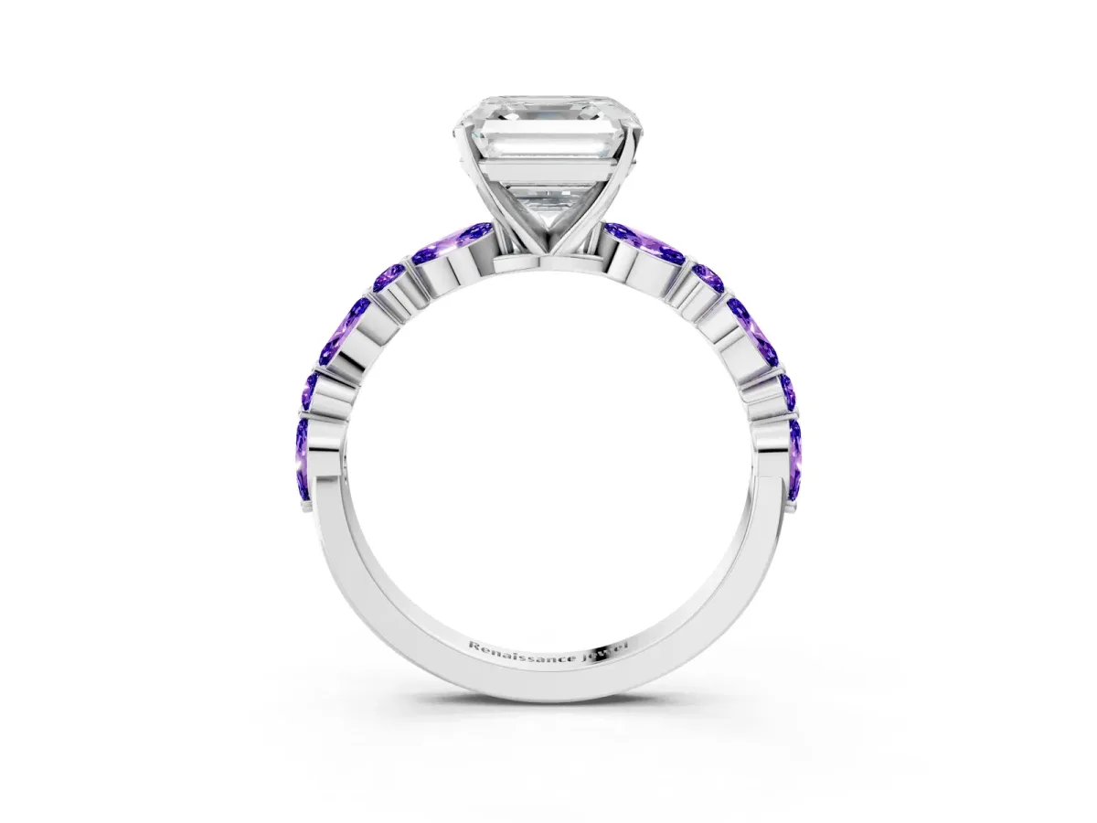 Asscher Cut Diamond Ring with Marquise and Round Tanzanite Side Stones and Four-Prong Setting White gold