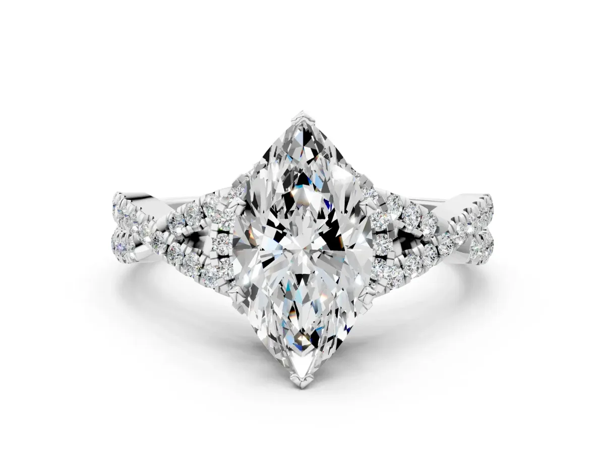 Marquise Cut Diamond Moissanite Halo Twist Band Solitaire Prong Setting Ring White gold
