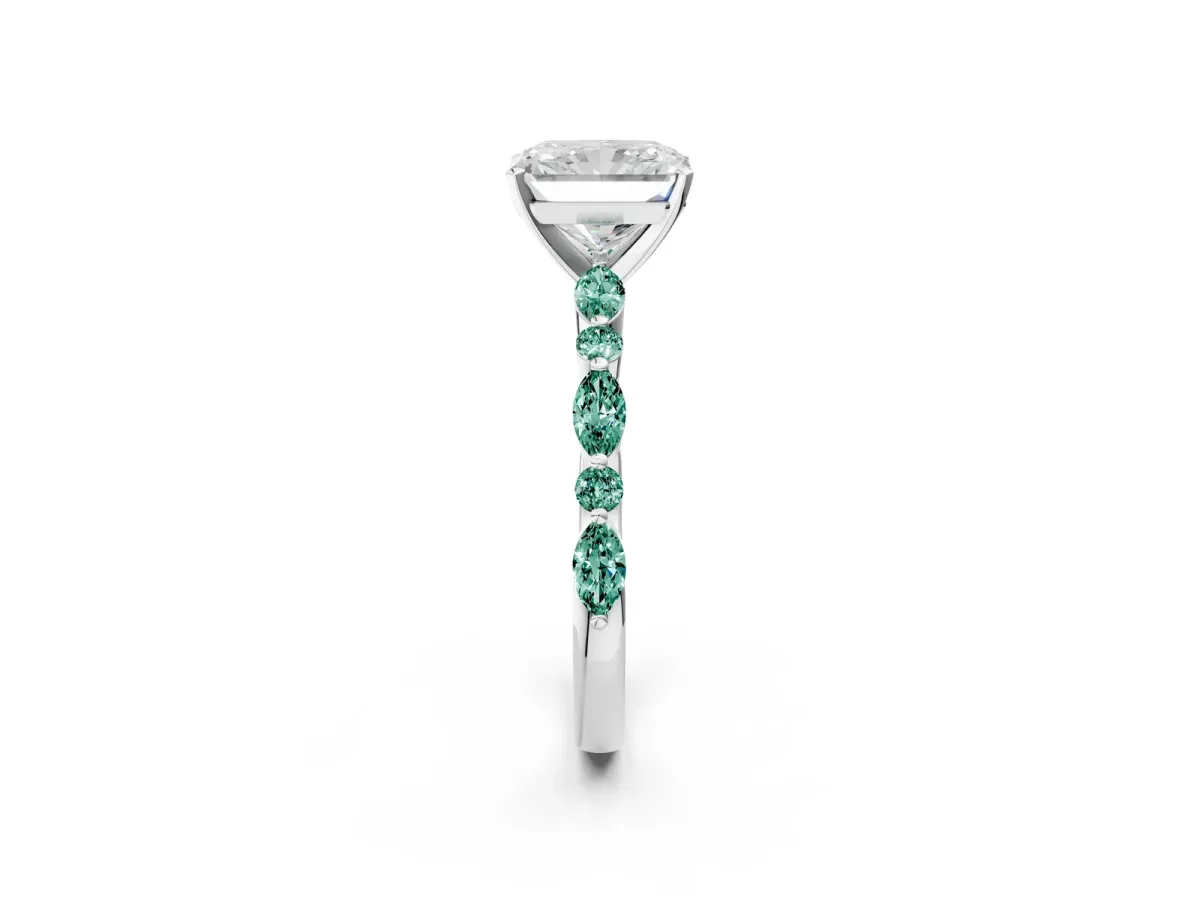 Radiant Cut Diamond Ring with Marquise and Round Green Sapphire Side Stones and Four-Prong Setting Silver