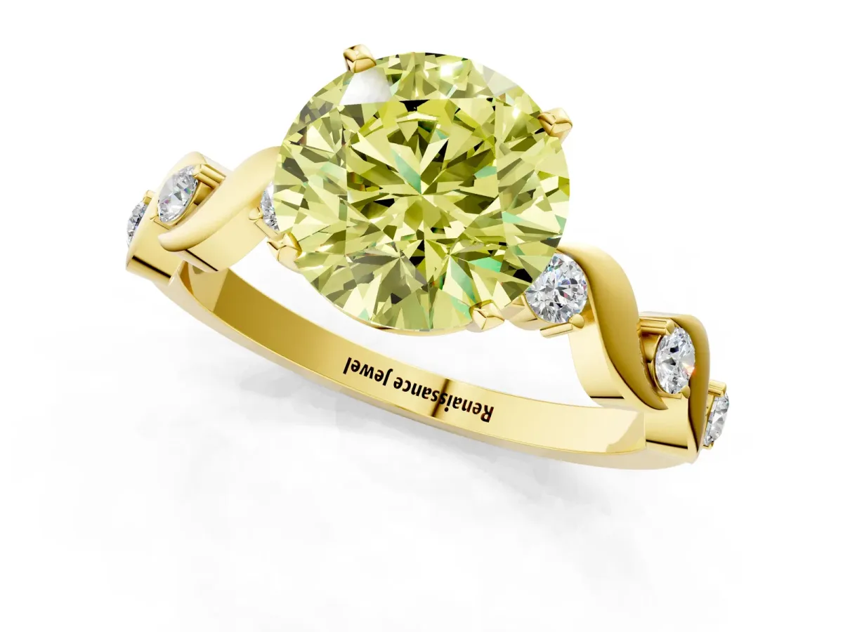 Fancy Yellow Round Cut Diamond Solitaire Twisted Band with Round Accents and Prong Setting Yellow gold