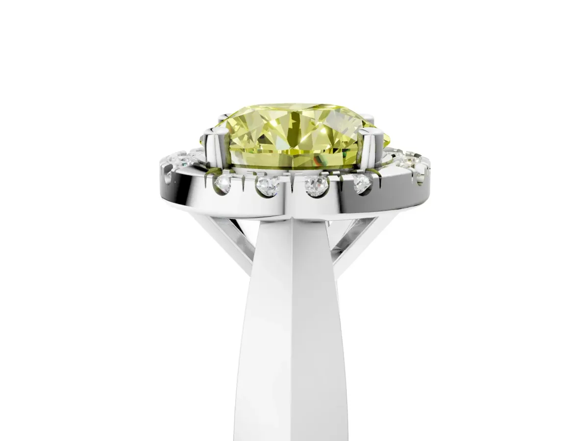 Fancy Yellow Round Cut Cut Halo Solitaire Engagement Ring with Square Band and Four-Prong Setting White gold