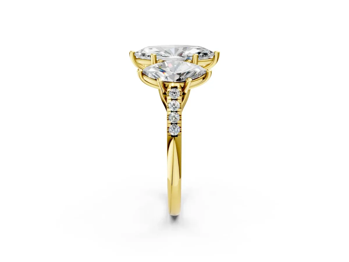 Fancy Green Three-Stone Marquise Cut Diamond Ring with Round Pavé Band and Prong Setting Yellow gold